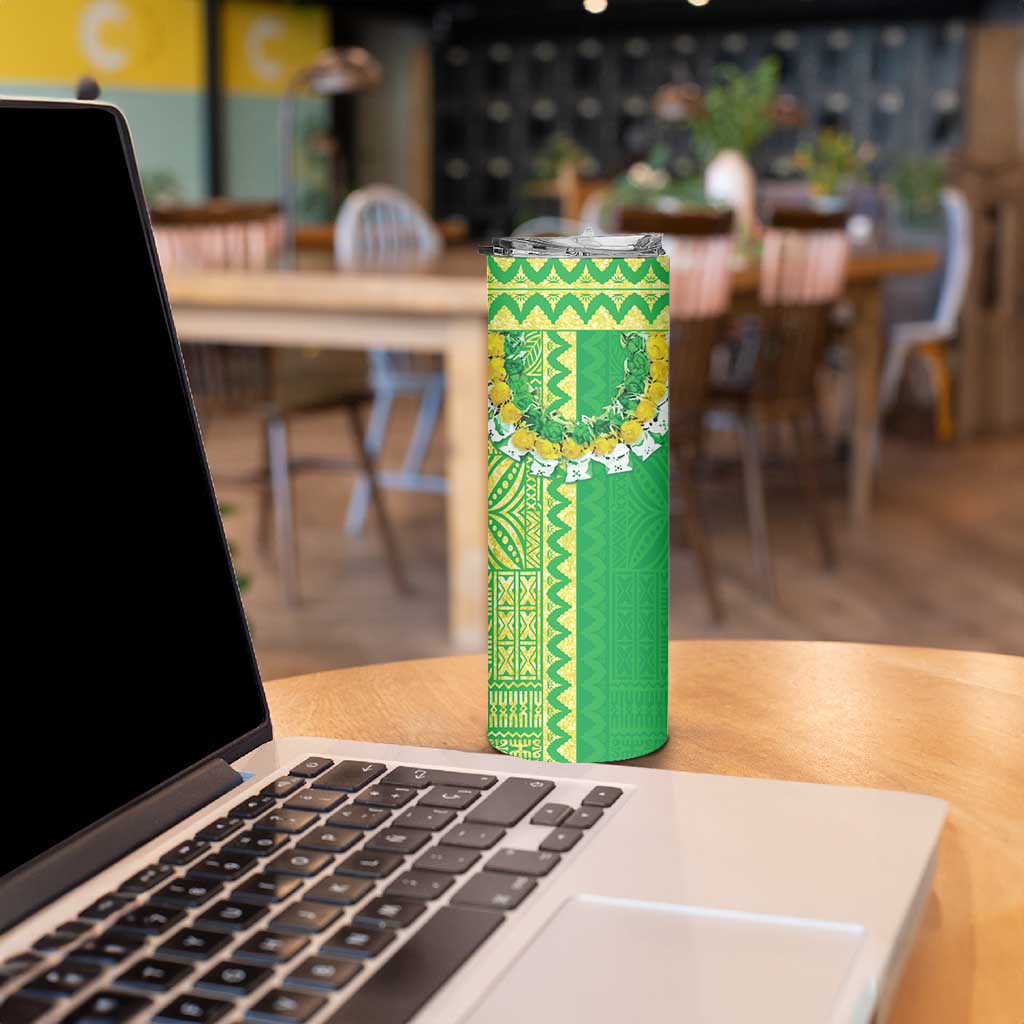 Fiji Lovoni Skinny Tumbler Fijian Tapa Salusalu Green Glitter
