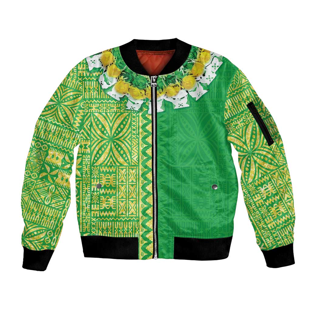 Fiji Lovoni Sleeve Zip Bomber Jacket Fijian Tapa Salusalu Green Glitter