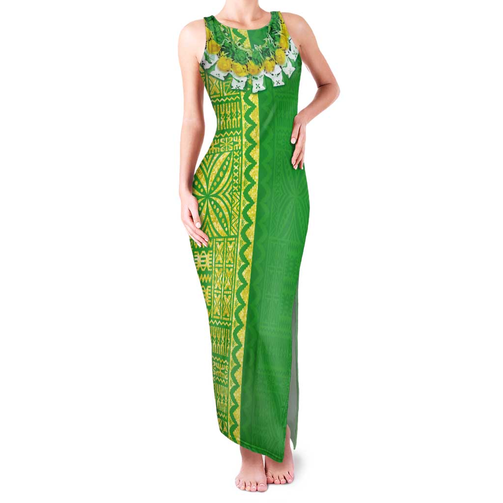 Fiji Lovoni Tank Maxi Dress Fijian Tapa Salusalu Green Glitter