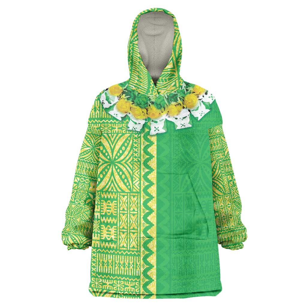 Fiji Lovoni Wearable Blanket Hoodie Fijian Tapa Salusalu Green Glitter