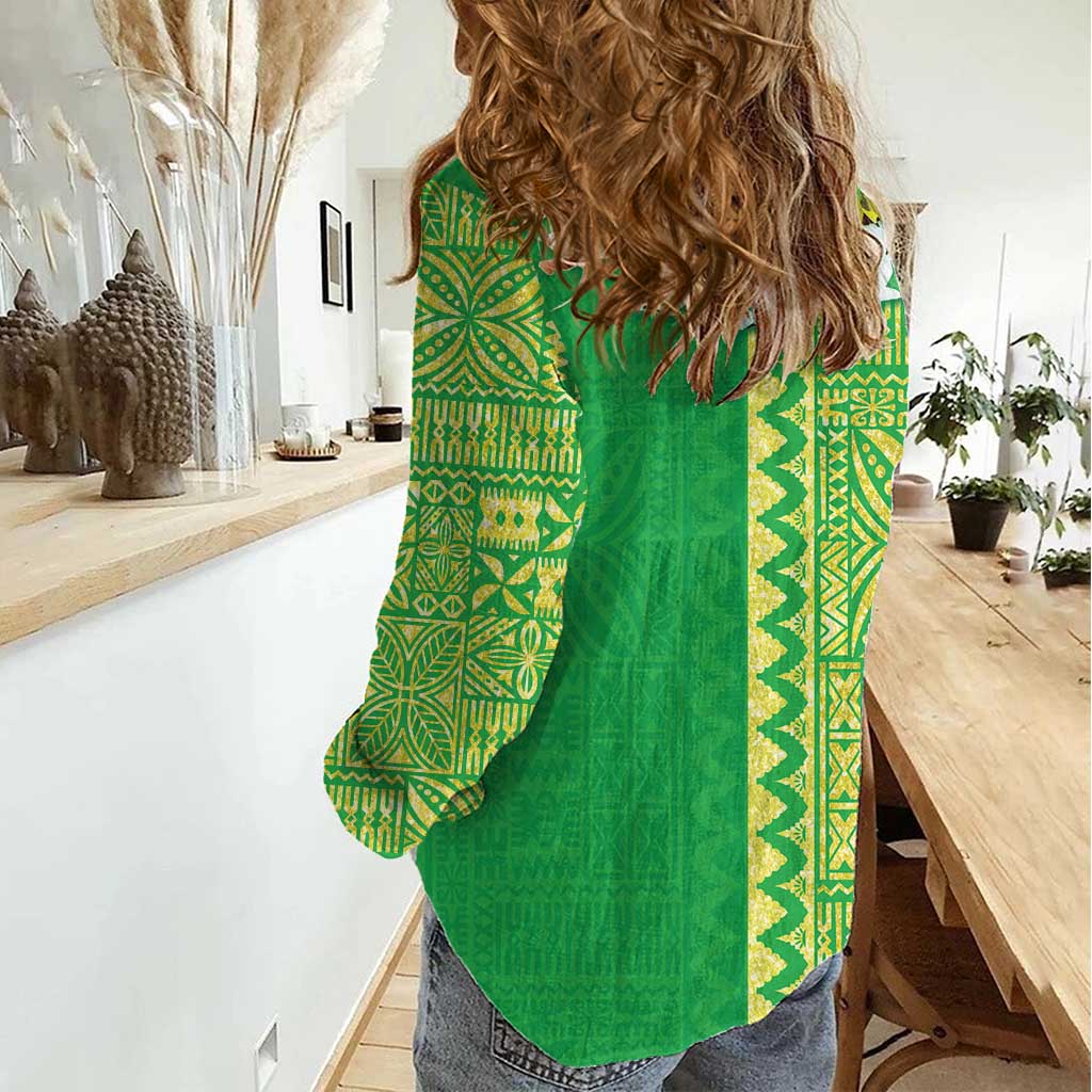 Fiji Lovoni Women Casual Shirt Fijian Tapa Salusalu Green Glitter