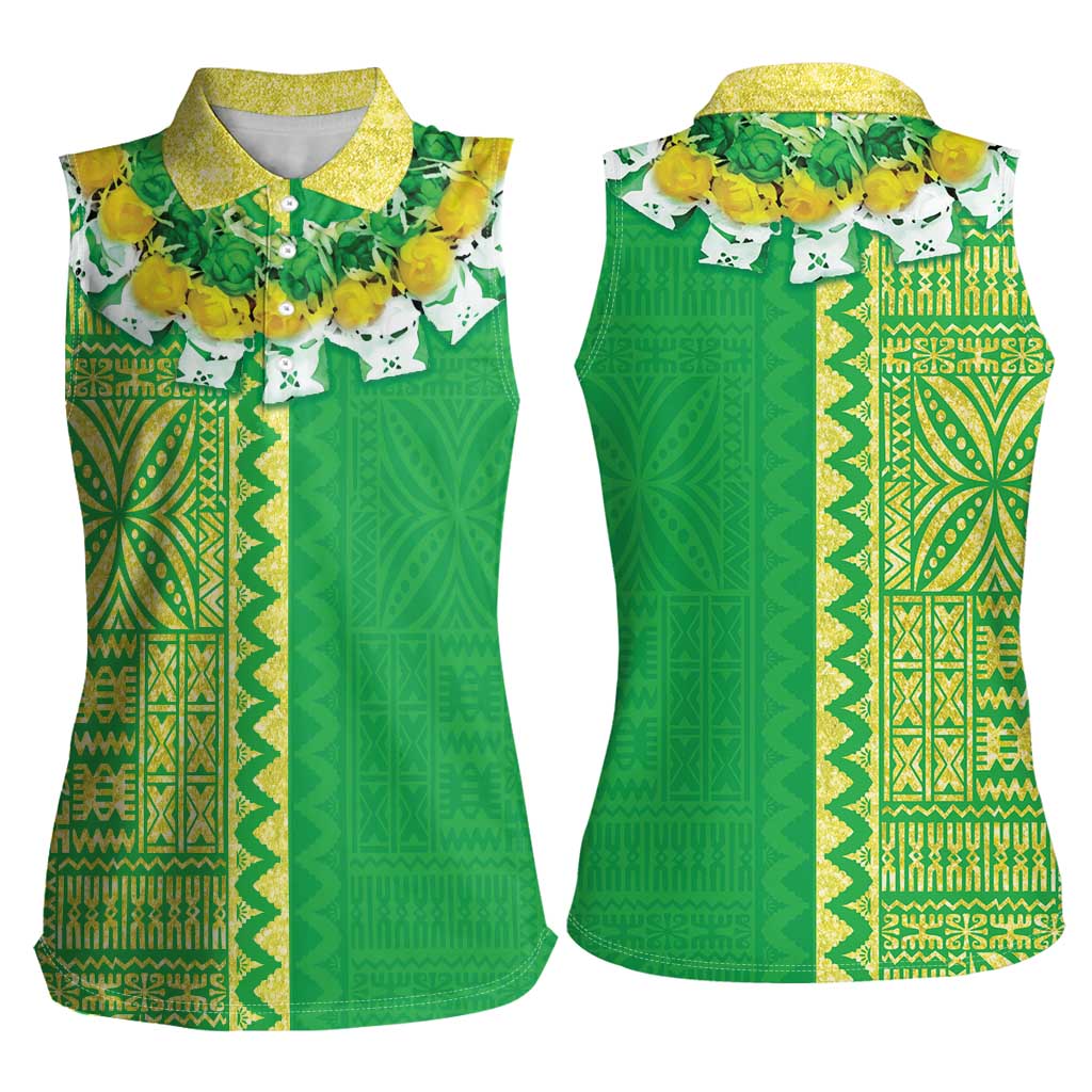 Fiji Lovoni Women Sleeveless Polo Shirt Fijian Tapa Salusalu Green Glitter