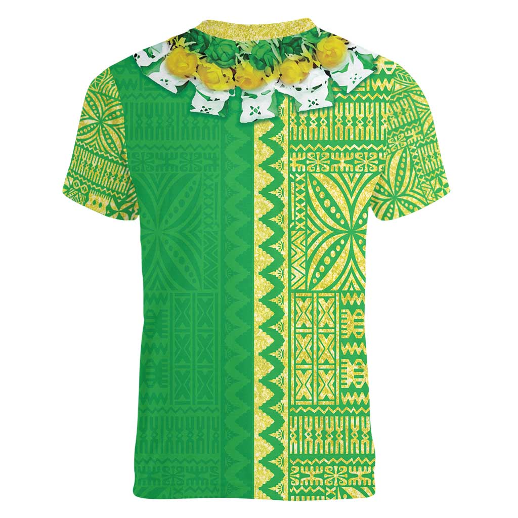 Fiji Lovoni Women V-Neck T-Shirt Fijian Tapa Salusalu Green Glitter