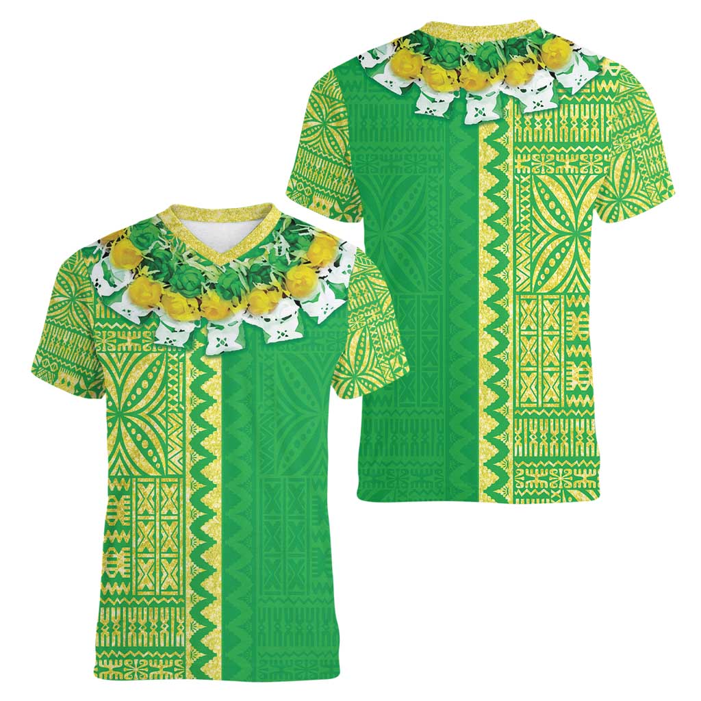Fiji Lovoni Women V-Neck T-Shirt Fijian Tapa Salusalu Green Glitter