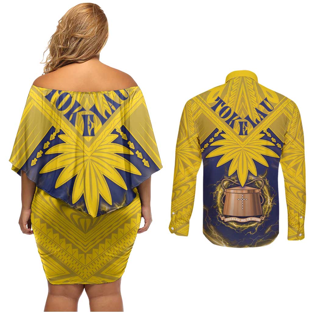 Tokelau Tokehega Day Couples Matching Off Shoulder Short Dress and Long Sleeve Button Shirt National Badge Special Style LT05 - Polynesian Pride
