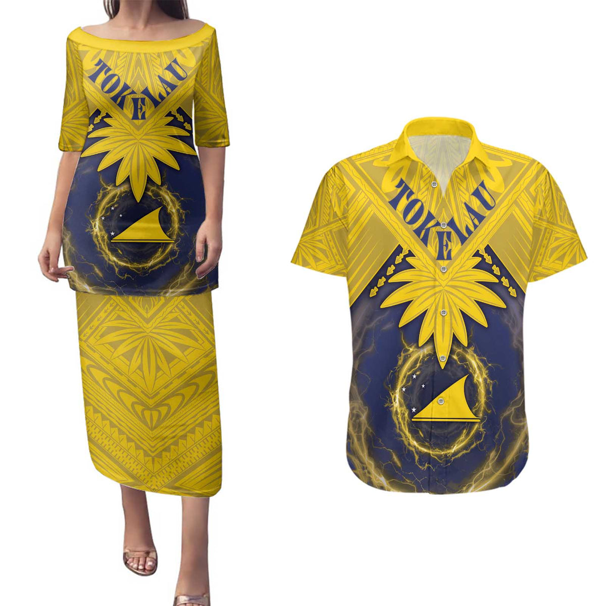 Tokelau Tokehega Day Couples Matching Puletasi and Hawaiian Shirt National Badge Special Style LT05 Yellow - Polynesian Pride