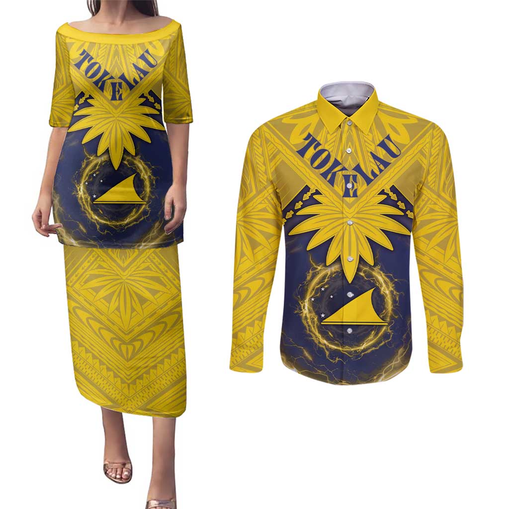 Tokelau Tokehega Day Couples Matching Puletasi and Long Sleeve Button Shirt National Badge Special Style LT05 Yellow - Polynesian Pride