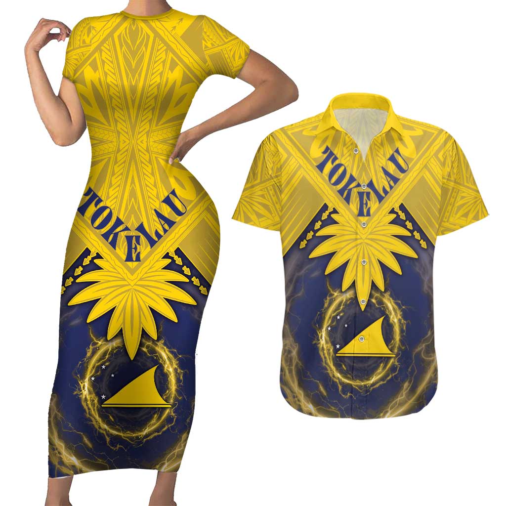 Tokelau Tokehega Day Couples Matching Short Sleeve Bodycon Dress and Hawaiian Shirt National Badge Special Style LT05 Yellow - Polynesian Pride