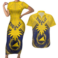 Tokelau Tokehega Day Couples Matching Short Sleeve Bodycon Dress and Hawaiian Shirt National Badge Special Style LT05 Yellow - Polynesian Pride