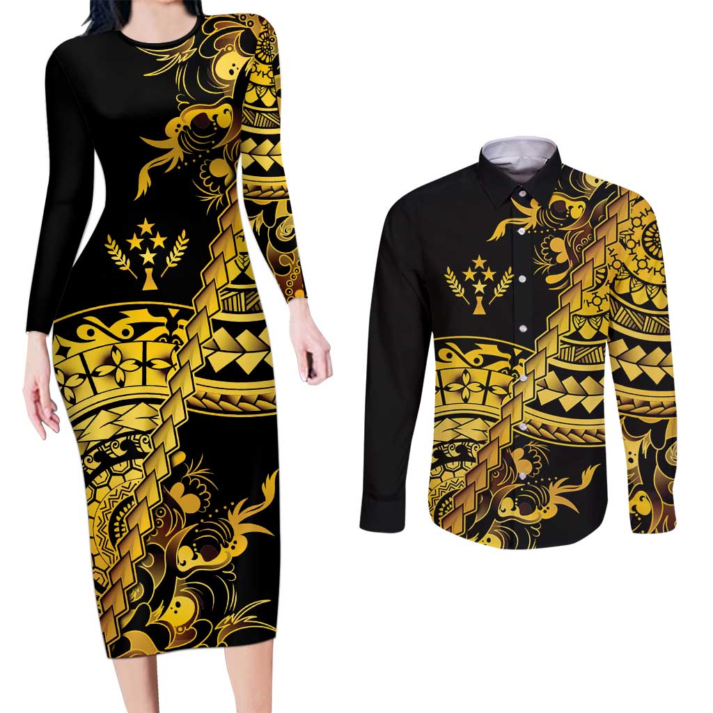 Kosrae Liberation Day Couples Matching Long Sleeve Bodycon Dress and Long Sleeve Button Shirt Polynesian Floral Tattoo - Polynesian Pride