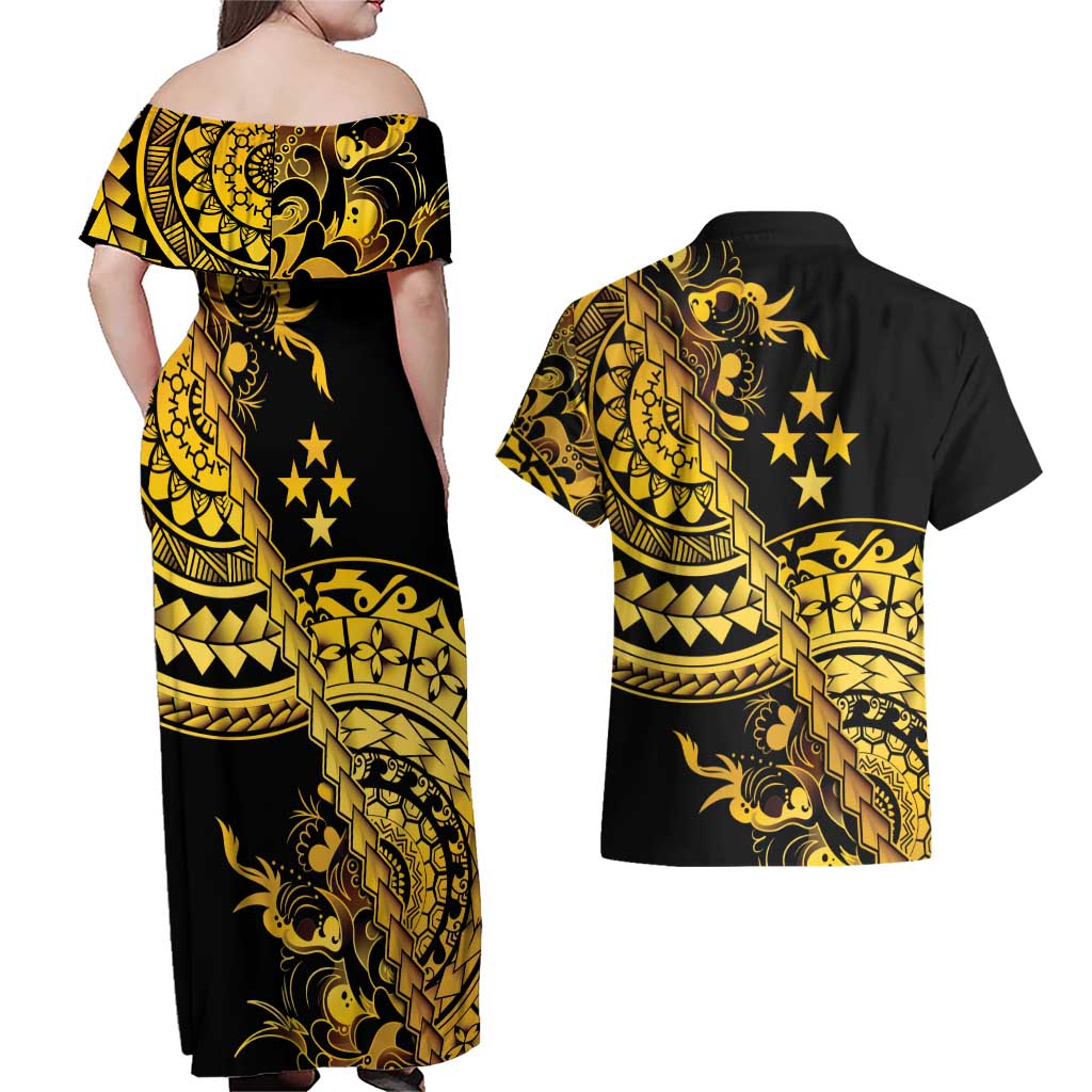 Kosrae Liberation Day Couples Matching Off Shoulder Maxi Dress and Hawaiian Shirt Polynesian Floral Tattoo - Polynesian Pride