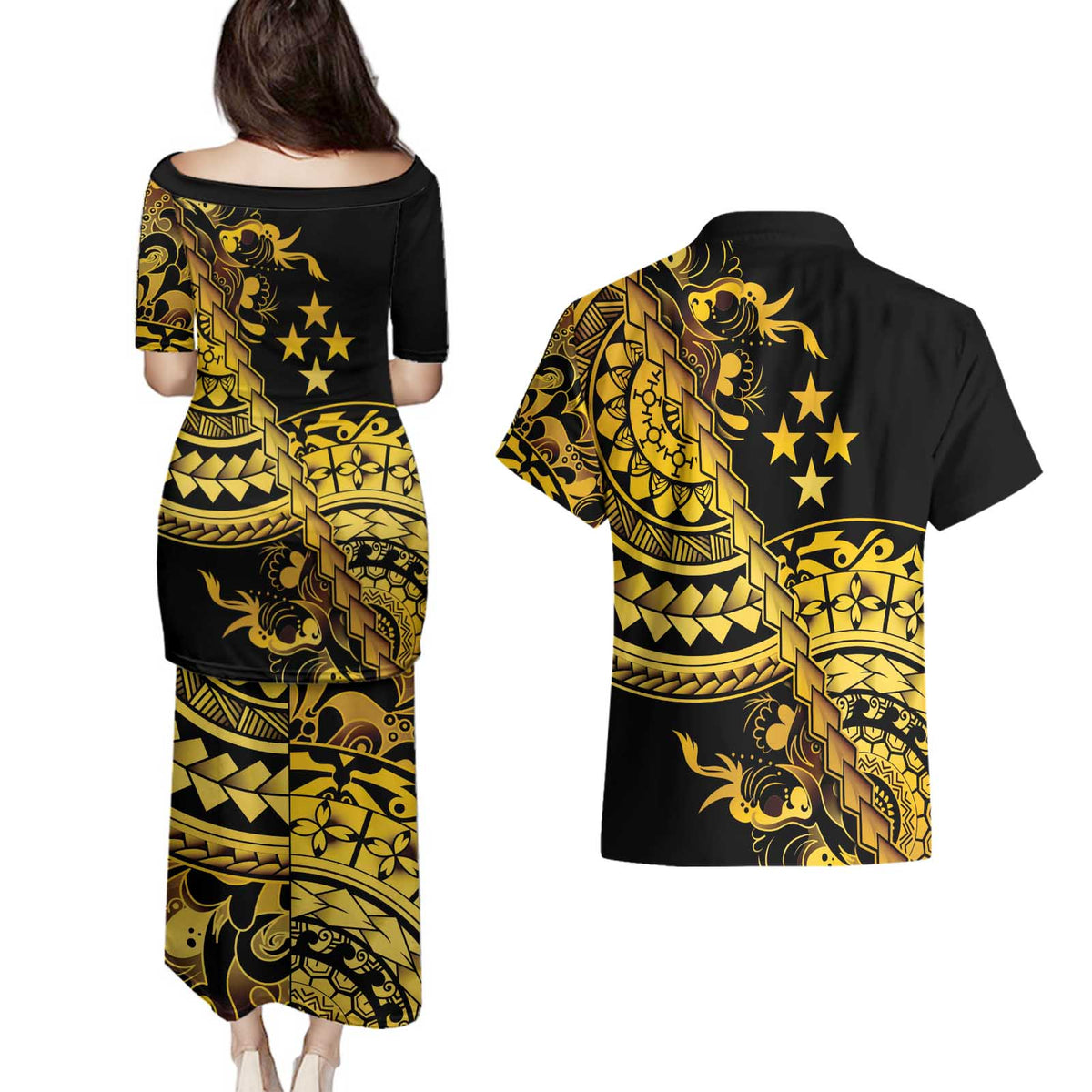 Kosrae Liberation Day Couples Matching Puletasi and Hawaiian Shirt Polynesian Floral Tattoo - Polynesian Pride