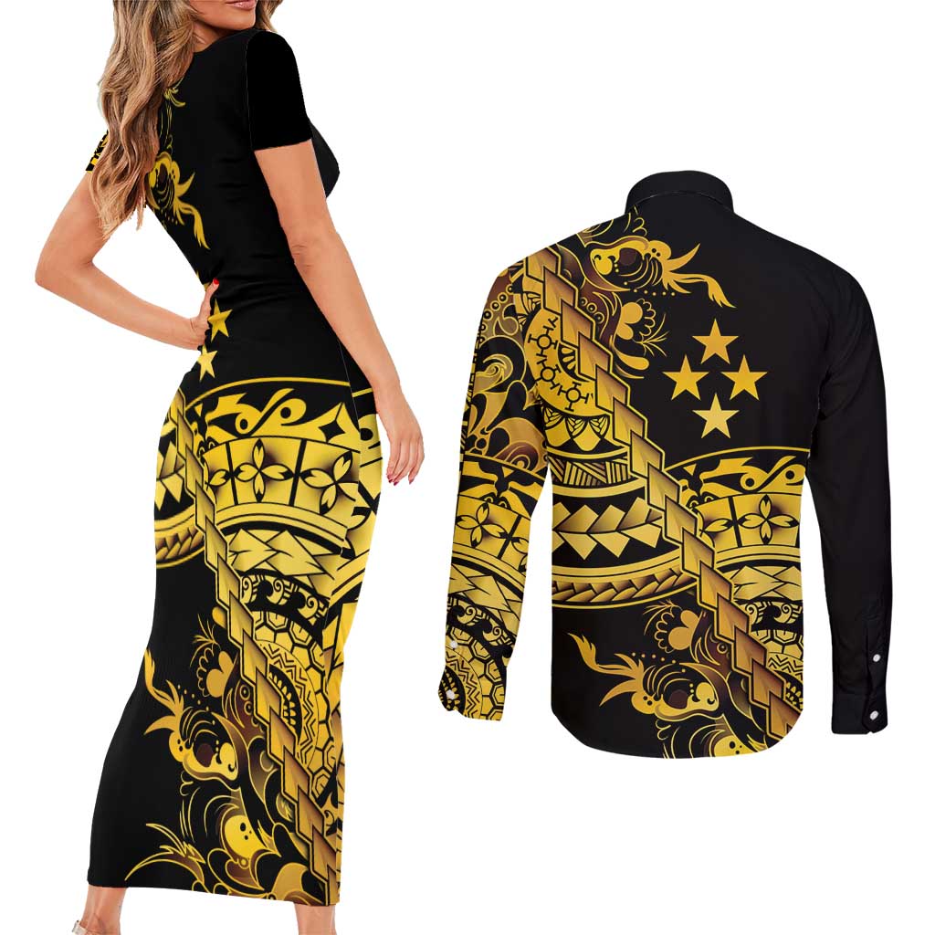 Kosrae Liberation Day Couples Matching Short Sleeve Bodycon Dress and Long Sleeve Button Shirt Polynesian Floral Tattoo - Polynesian Pride