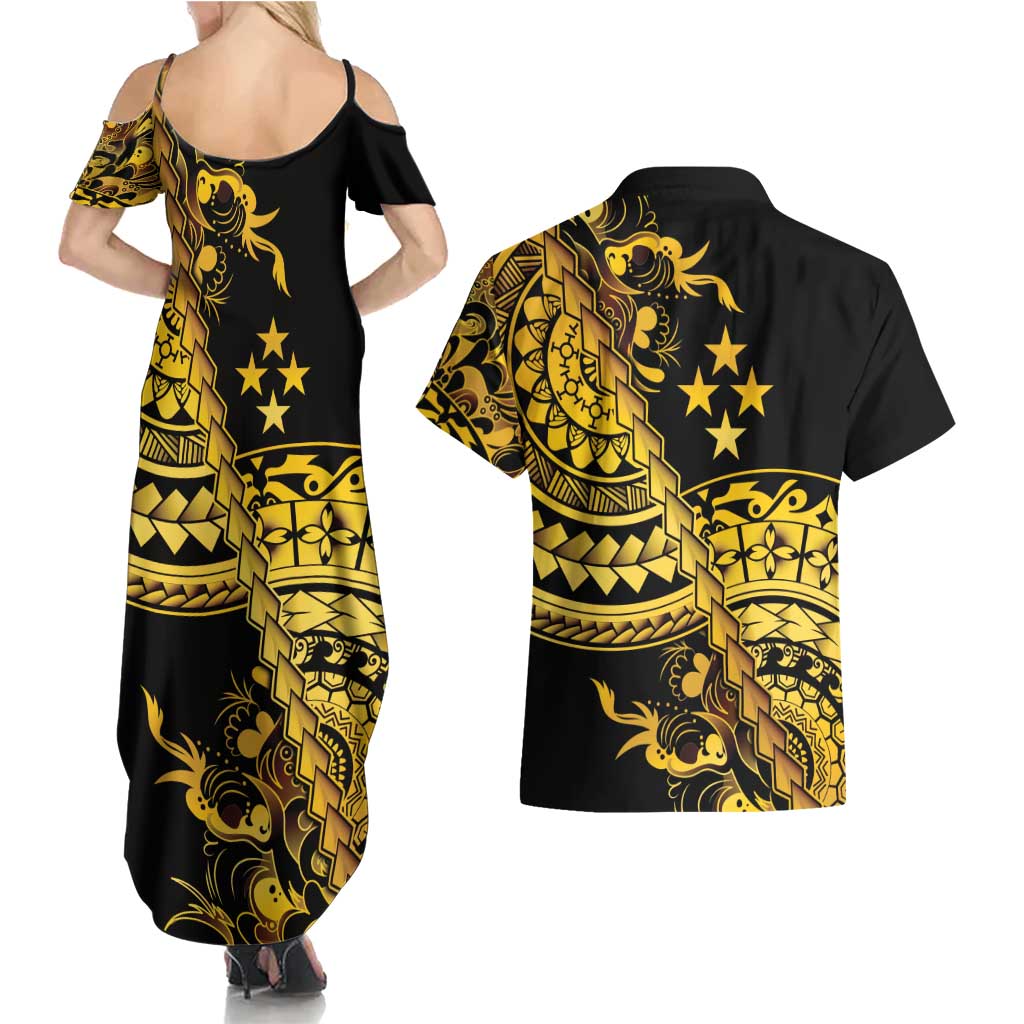 Kosrae Liberation Day Couples Matching Summer Maxi Dress and Hawaiian Shirt Polynesian Floral Tattoo - Polynesian Pride