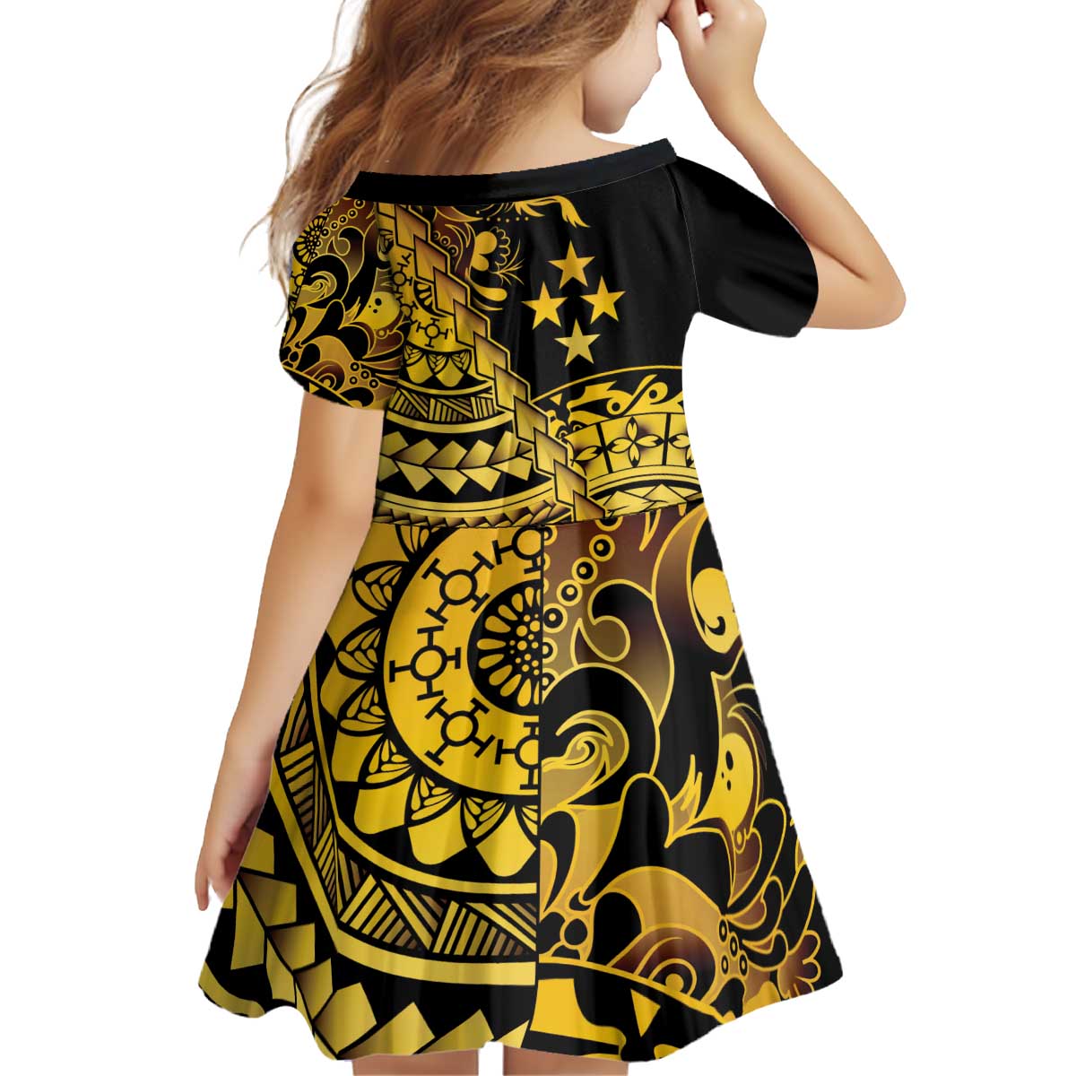 Kosrae Liberation Day Kid Short Sleeve Dress Polynesian Floral Tattoo - Polynesian Pride