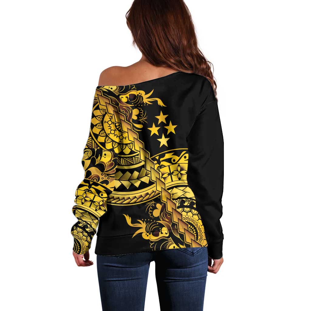 Kosrae Liberation Day Off Shoulder Sweater Polynesian Floral Tattoo - Polynesian Pride