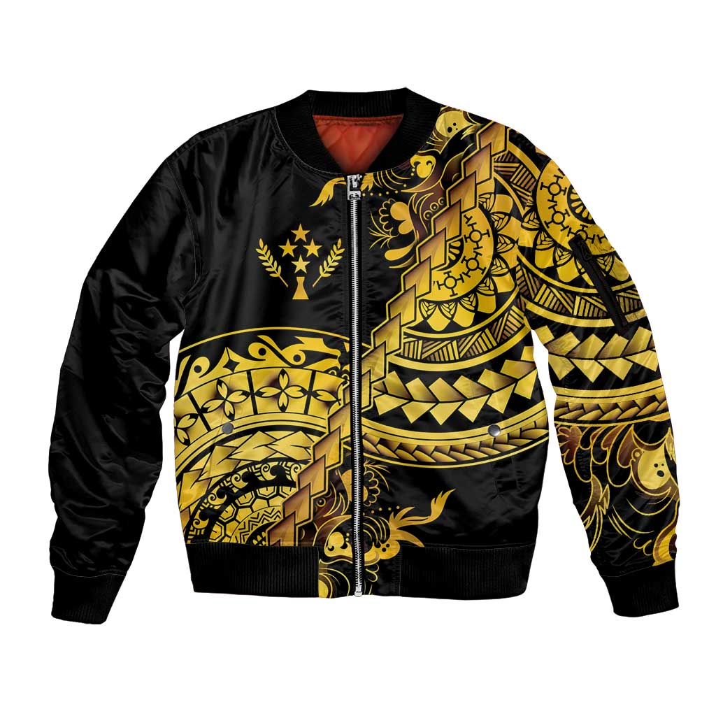 Kosrae Liberation Day Sleeve Zip Bomber Jacket Polynesian Floral Tattoo - Polynesian Pride
