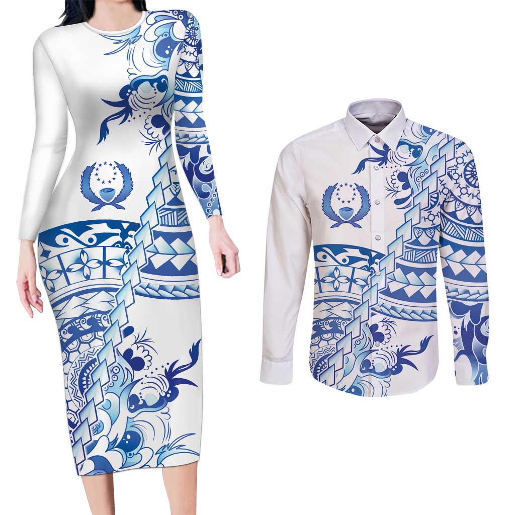 Pohnpei Liberation Day Couples Matching Long Sleeve Bodycon Dress and Long Sleeve Button Shirt Polynesian Floral Tattoo LT05 White - Polynesian Pride