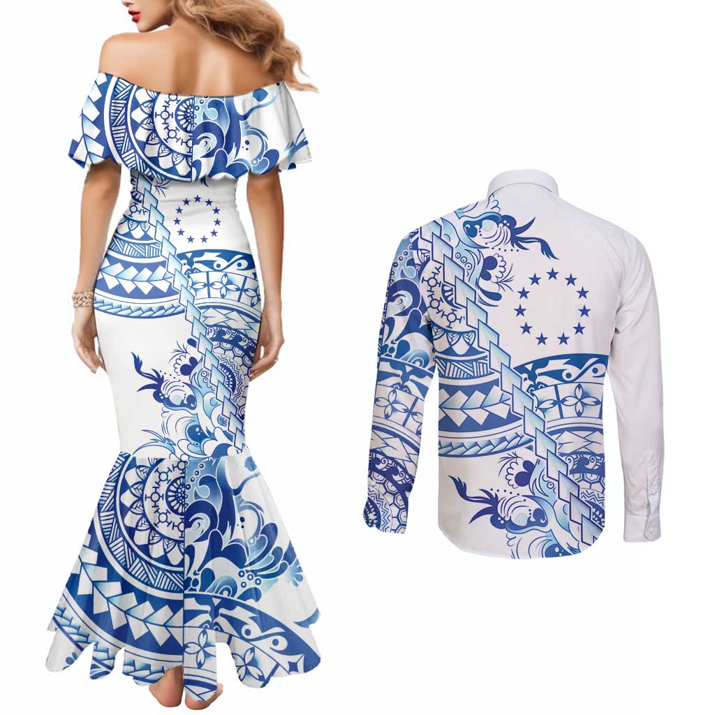 Pohnpei Liberation Day Couples Matching Mermaid Dress and Long Sleeve Button Shirt Polynesian Floral Tattoo LT05 - Polynesian Pride