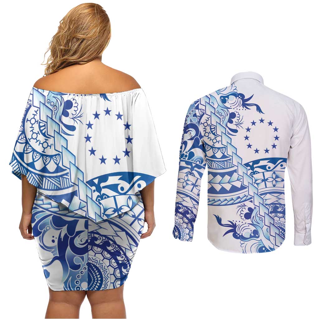 Pohnpei Liberation Day Couples Matching Off Shoulder Short Dress and Long Sleeve Button Shirt Polynesian Floral Tattoo - Polynesian Pride