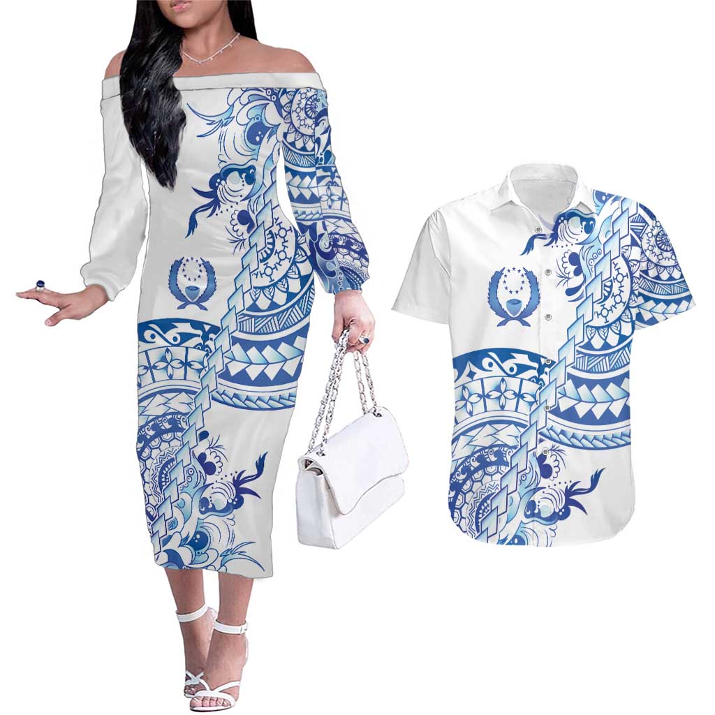 Pohnpei Liberation Day Couples Matching Off The Shoulder Long Sleeve Dress and Hawaiian Shirt Polynesian Floral Tattoo LT05 White - Polynesian Pride