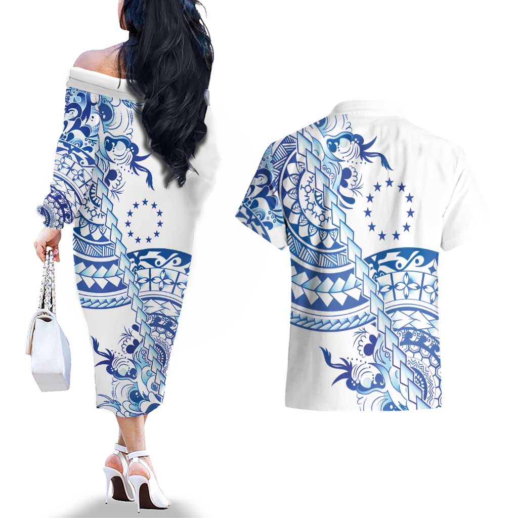 Pohnpei Liberation Day Couples Matching Off The Shoulder Long Sleeve Dress and Hawaiian Shirt Polynesian Floral Tattoo LT05 - Polynesian Pride