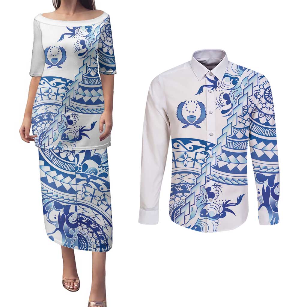 Pohnpei Liberation Day Couples Matching Puletasi and Long Sleeve Button Shirt Polynesian Floral Tattoo - Polynesian Pride