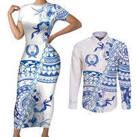 Pohnpei Liberation Day Couples Matching Short Sleeve Bodycon Dress and Long Sleeve Button Shirt Polynesian Floral Tattoo LT05 White - Polynesian Pride