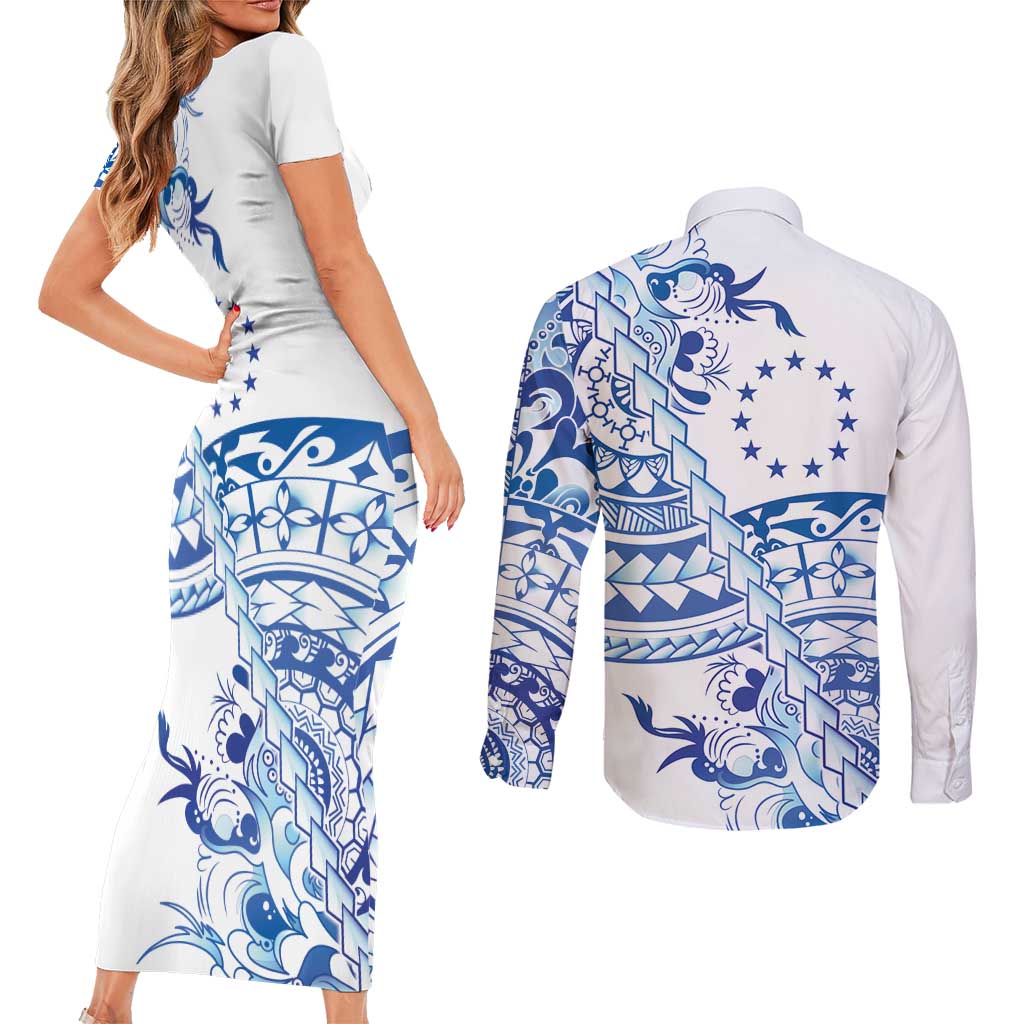 Pohnpei Liberation Day Couples Matching Short Sleeve Bodycon Dress and Long Sleeve Button Shirt Polynesian Floral Tattoo LT05 - Polynesian Pride