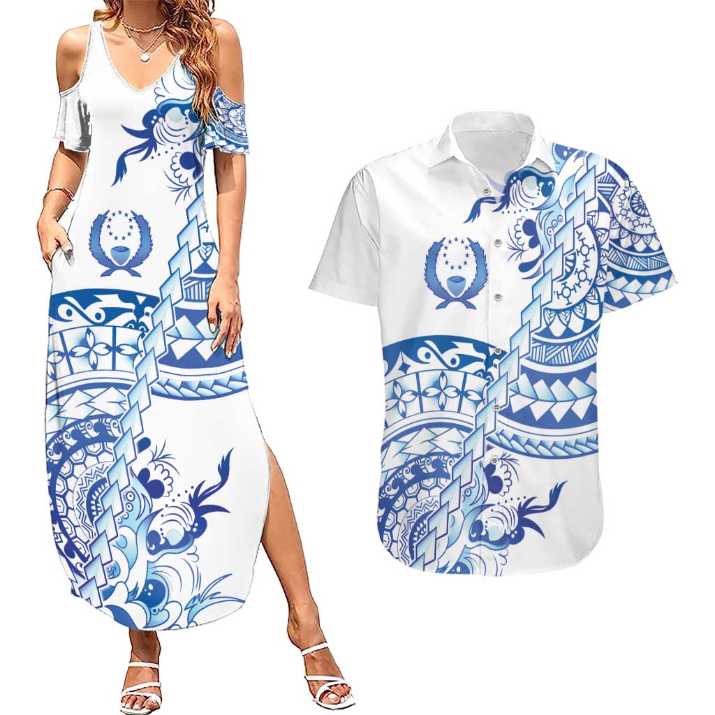 Pohnpei Liberation Day Couples Matching Summer Maxi Dress and Hawaiian Shirt Polynesian Floral Tattoo LT05 White - Polynesian Pride