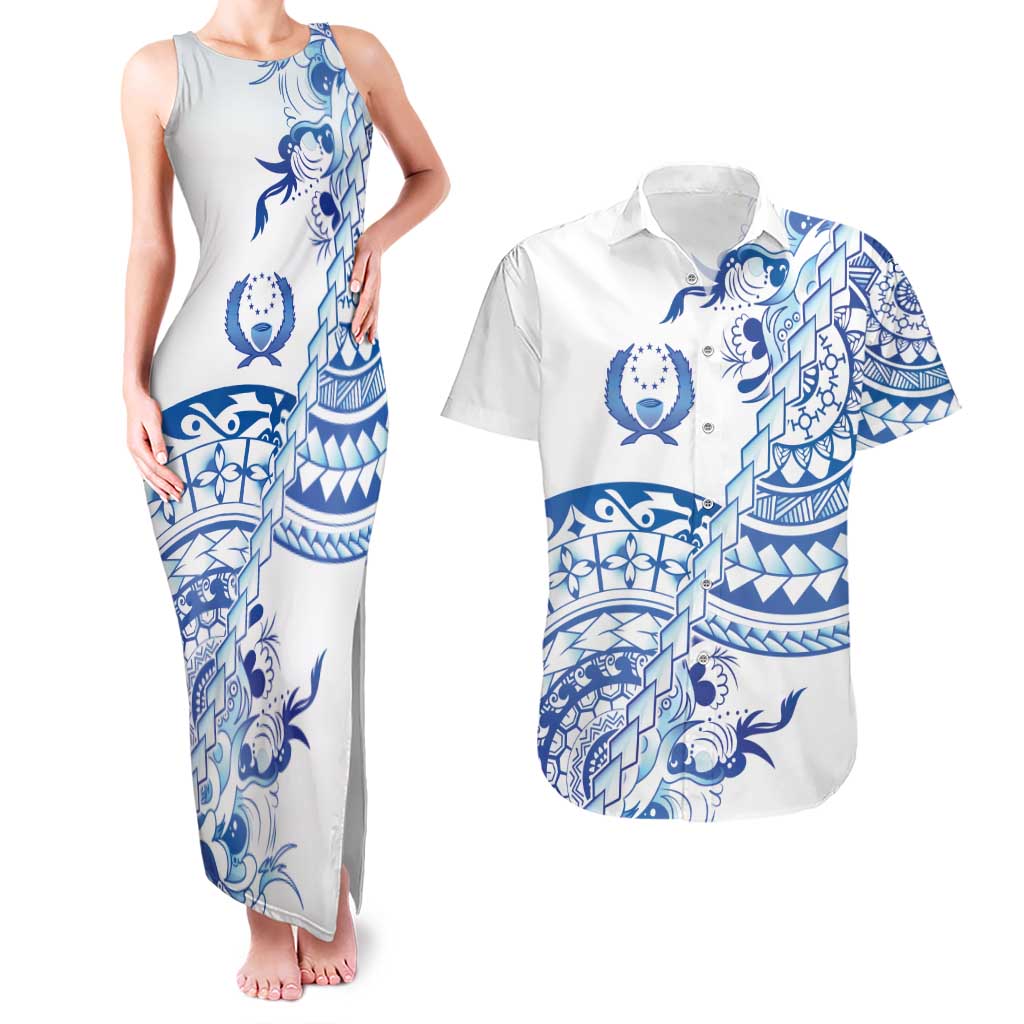 Pohnpei Liberation Day Couples Matching Tank Maxi Dress and Hawaiian Shirt Polynesian Floral Tattoo LT05 White - Polynesian Pride