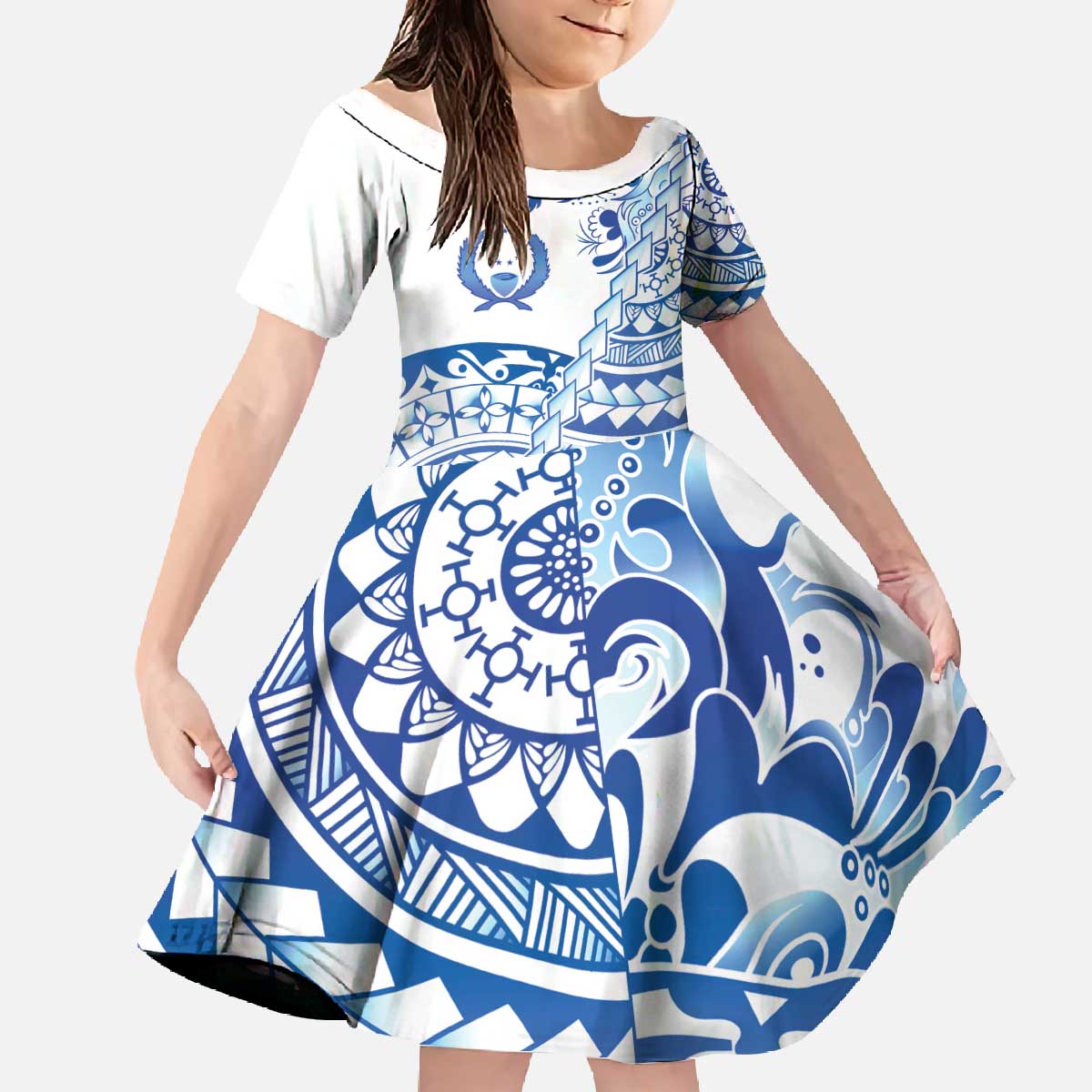 Pohnpei Liberation Day Family Matching Off The Shoulder Long Sleeve Dress and Hawaiian Shirt Polynesian Floral Tattoo LT05 Daughter's Dress White - Polynesian Pride