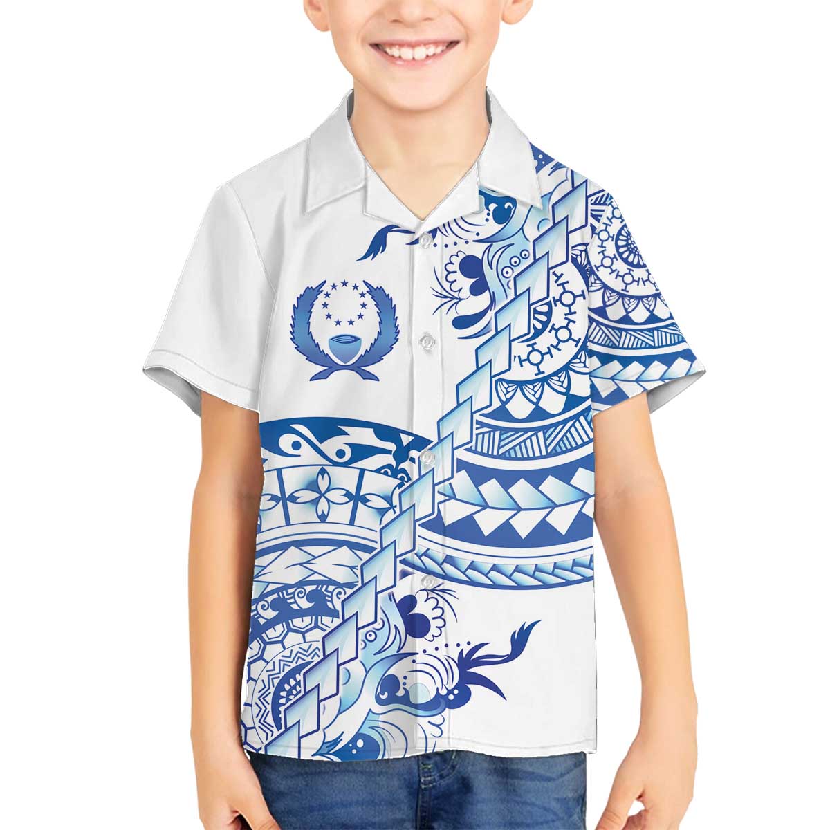 Pohnpei Liberation Day Family Matching Off The Shoulder Long Sleeve Dress and Hawaiian Shirt Polynesian Floral Tattoo LT05 Son's Shirt White - Polynesian Pride