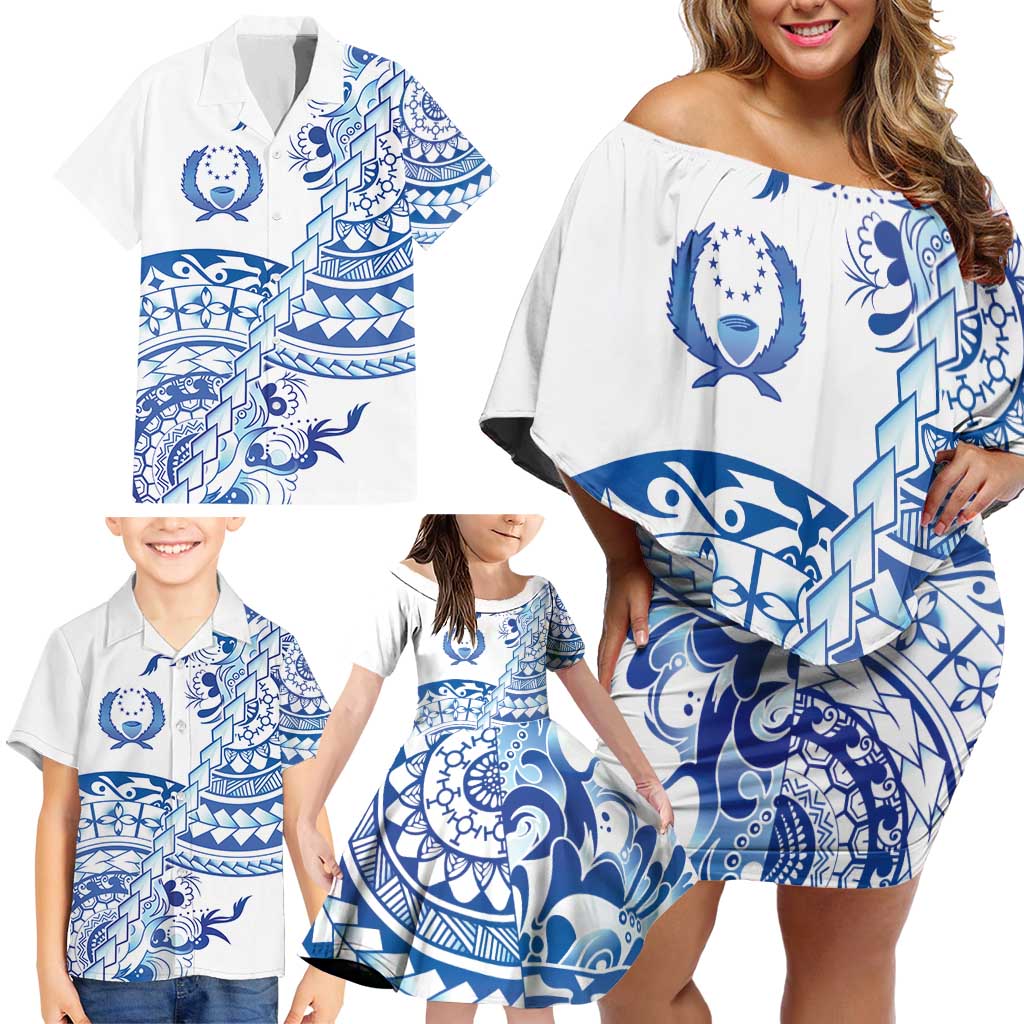 Pohnpei Liberation Day Family Matching Off Shoulder Short Dress and Hawaiian Shirt Polynesian Floral Tattoo - Polynesian Pride