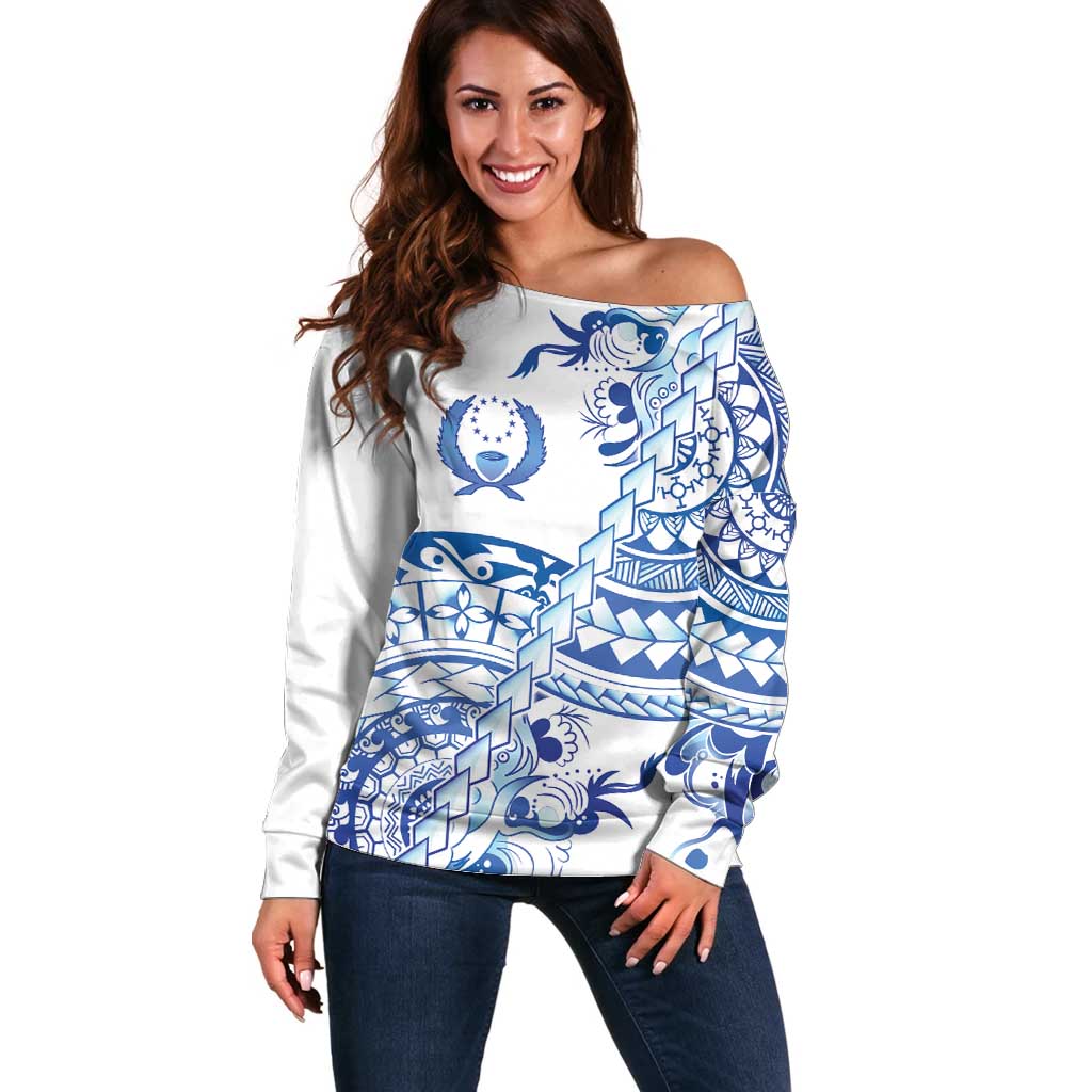 Pohnpei Liberation Day Off Shoulder Sweater Polynesian Floral Tattoo LT05 Women White - Polynesian Pride