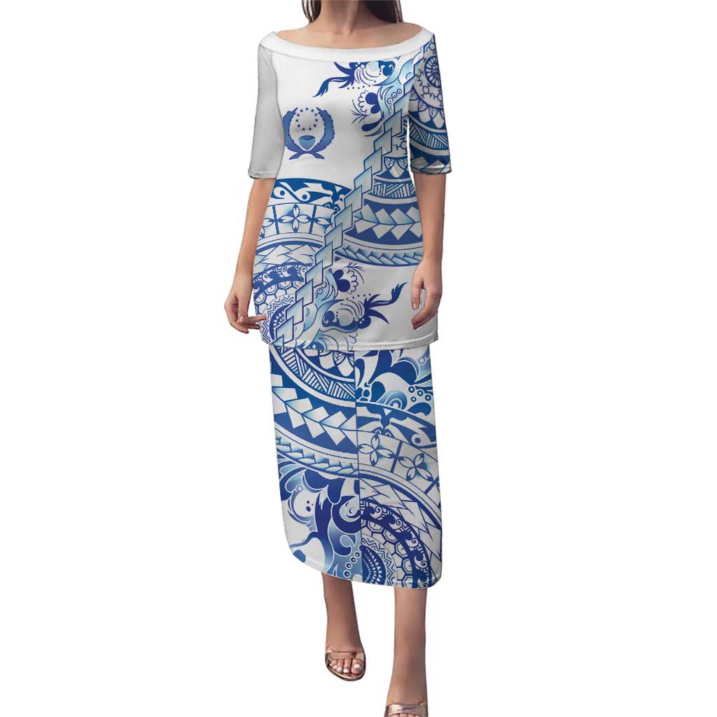 Pohnpei Liberation Day Puletasi Polynesian Floral Tattoo LT05 Long Dress White - Polynesian Pride