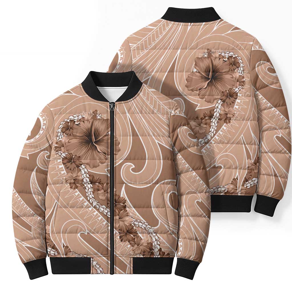 Hawaii Brown Hibiscus Pikake Lei Bomber Puffer Jacket - Polynesian Pride