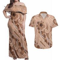 Hawaii Brown Hibiscus Pikake Lei Couples Matching Off Shoulder Maxi Dress and Hawaiian Shirt - Polynesian Pride
