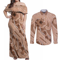 Hawaii Brown Hibiscus Pikake Lei Couples Matching Off Shoulder Maxi Dress and Long Sleeve Button Shirt - Polynesian Pride