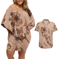 Hawaii Brown Hibiscus Pikake Lei Couples Matching Off Shoulder Short Dress and Hawaiian Shirt - Polynesian Pride