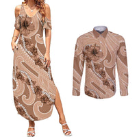 Hawaii Brown Hibiscus Pikake Lei Couples Matching Summer Maxi Dress and Long Sleeve Button Shirt - Polynesian Pride