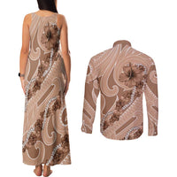Hawaii Brown Hibiscus Pikake Lei Couples Matching Tank Maxi Dress and Long Sleeve Button Shirt - Polynesian Pride