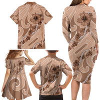 Hawaii Brown Hibiscus Pikake Lei Family Matching Long Sleeve Bodycon Dress and Hawaiian Shirt - Polynesian Pride