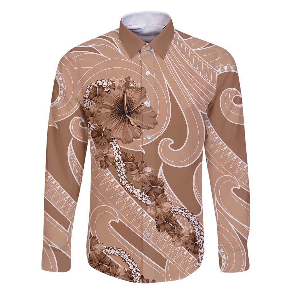 Hawaii Brown Hibiscus Pikake Lei Family Matching Long Sleeve Bodycon Dress and Hawaiian Shirt - Polynesian Pride