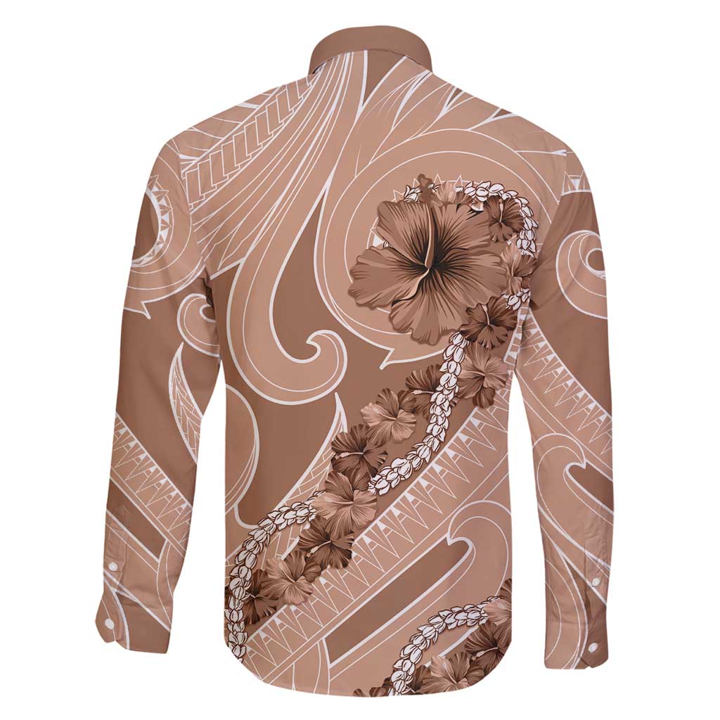 Hawaii Brown Hibiscus Pikake Lei Family Matching Long Sleeve Bodycon Dress and Hawaiian Shirt - Polynesian Pride