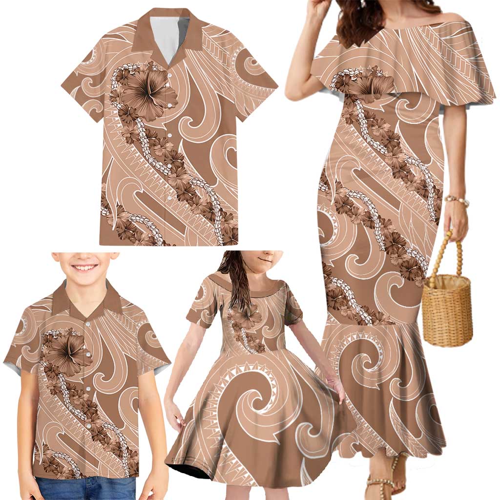 Hawaii Brown Hibiscus Pikake Lei Family Matching Mermaid Dress and Hawaiian Shirt - Polynesian Pride
