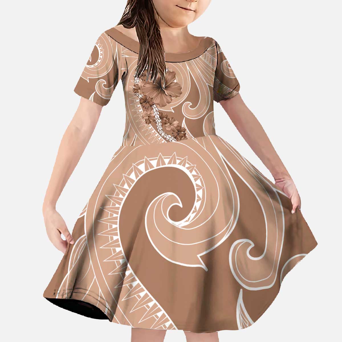 Hawaii Brown Hibiscus Pikake Lei Family Matching Off The Shoulder Long Sleeve Dress and Hawaiian Shirt - Polynesian Pride