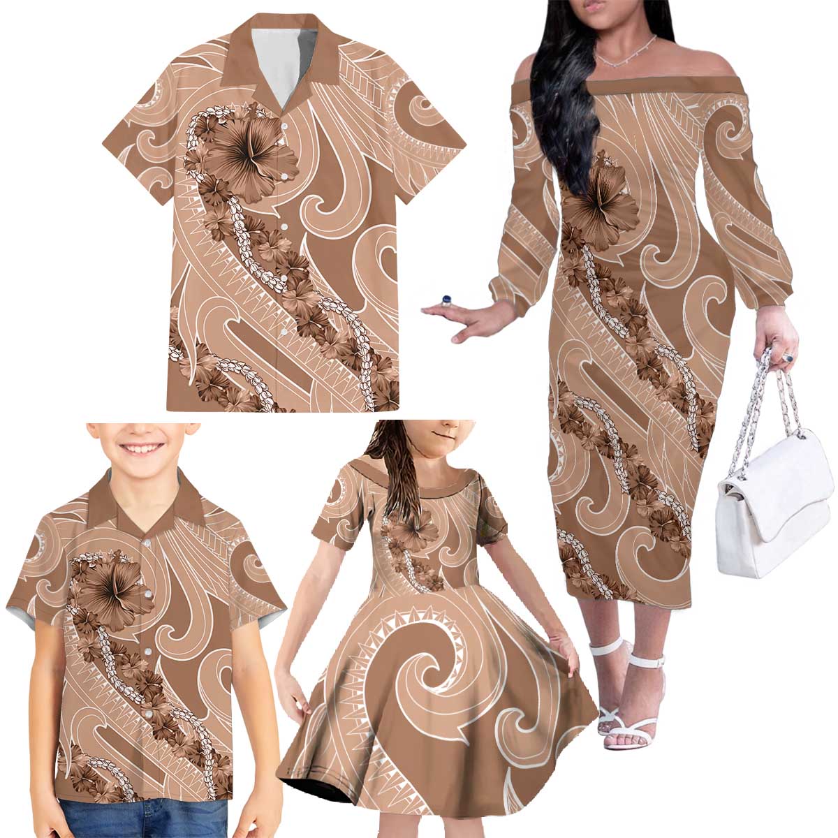 Hawaii Brown Hibiscus Pikake Lei Family Matching Off The Shoulder Long Sleeve Dress and Hawaiian Shirt - Polynesian Pride