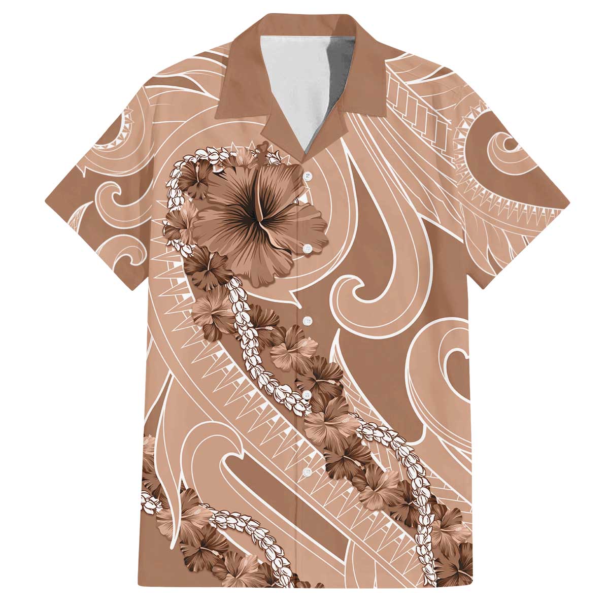 Hawaii Brown Hibiscus Pikake Lei Family Matching Off The Shoulder Long Sleeve Dress and Hawaiian Shirt - Polynesian Pride