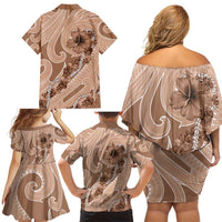 Hawaii Brown Hibiscus Pikake Lei Family Matching Off Shoulder Short Dress and Hawaiian Shirt - Polynesian Pride